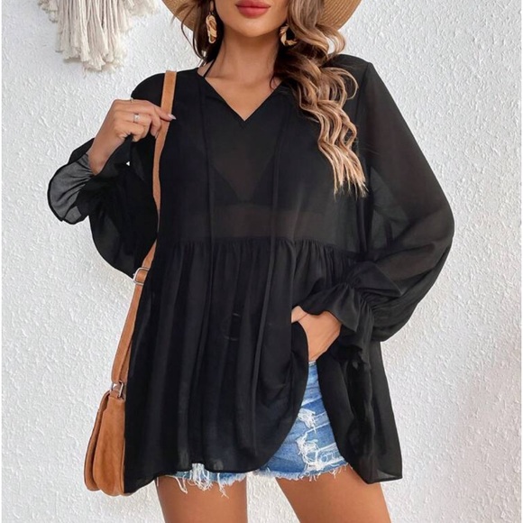 Boho Sheer Floral Print Cottagecore Top Blouse Shirt Black - Picture 1 of 10